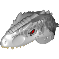 Animal Body Part, Dinosaur, Indominus Rex Head with Black Pin, Tan Teeth, Red Eyes and Metallic Silver Scales Print Hellblaugrau
