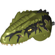 Animal Body Part, Dinosaur, Giganotosaurus Head with Black Pin, Tan Teeth, Black Markings, Scars Print Olive Green