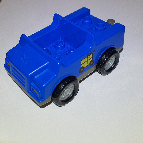 Duplo Car with 2 × 2 Studs and Dark Gray Base and Yellow Package on Wheels Print Blau