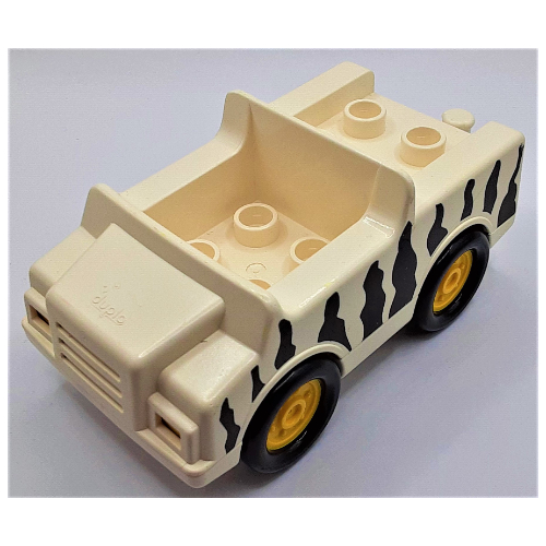 Duplo Car with 2 × 2 Studs and White Base and Safari Stripe Print, Yellow Wheels Weiß