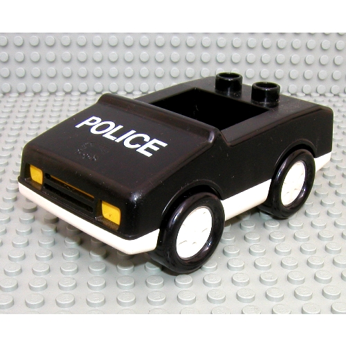Duplo Car with 1 × 2 Studs with White Base and 'POLICE' Print Black