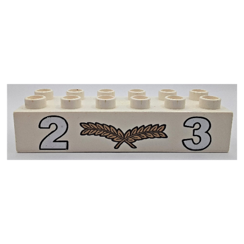 Duplo Brick 2 × 6 with Silver '2' and '3' with Center Gold Laurels Print Weiß