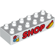 Duplo Brick 2 × 6 with Ice Cream Cone, 'SHOP', and Hot Dog Print White