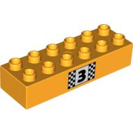 Duplo Brick 2 × 6, with Number 3 and Black and White Checkered Print Leuchtendes Hellorange