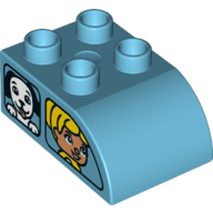 Duplo Brick 2 × 3 with Curved Top - Dual Side Print Windows / Side A Duplo Girl and Dog / Side B Boy and Cat Medium Azure