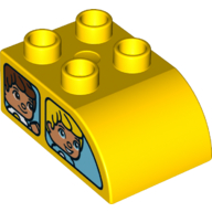 Duplo Brick 2 × 3 × 1 with Curved Top - 2 Windows on each Long Side with a Different Face in each of the 4 Windows Yellow