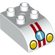 Duplo Brick 2 × 3 with Curved Top with '1', Headlights and 2 Red Stripes Print White