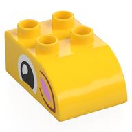 Duplo Brick 2 × 3 with Curved Top with Squinting Eye, Dark Orange/Bright Pink Ear print Yellow