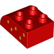 Duplo Brick 2 × 3 with Curved Top with Yellow Raindrops (Strawberry Seeds) On Left Print Red
