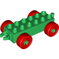 Duplo Car Base 2 × 6 with Open Hitch End and Red Wheels Green