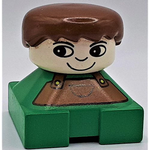 Duplo 2 × 2 × 2 Figure Brick, White Head, Spiky Bangs, Brown Hair, Brown Dungarees Print