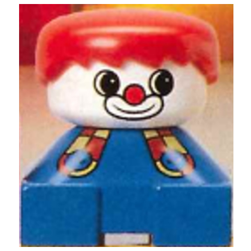 Duplo 2 × 2 × 2 Figure Brick, Spiky Bangs, Red Hair, Clown Make-up, with Button Suspenders Print Blau