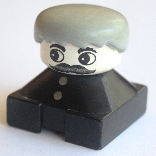 Duplo 2 × 2 × 2 Figure Brick, Spiky Bangs, White Head, Light Gray Hair, Two White Buttons, Moustache Print Black