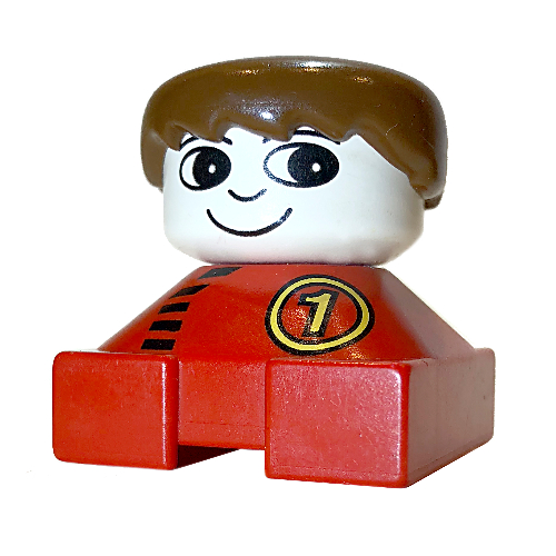 Duplo 2 × 2 × 2 Figurenstein, stachelige Fransen, braune Haare, weißer Kopf, gelbe '1' im Kreis, schwarzer Reißverschluss (bedruckt) in Rot