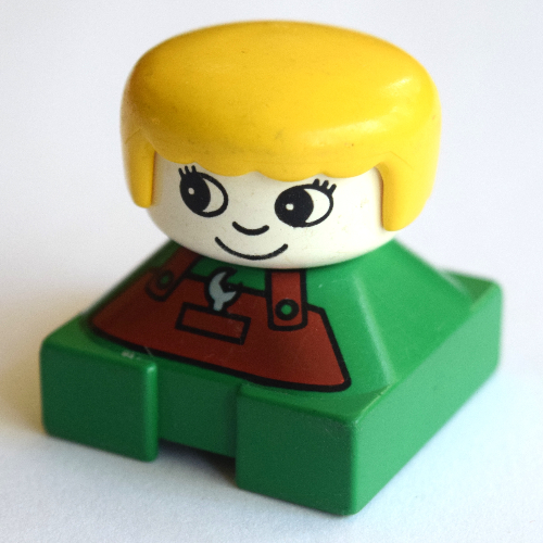 Duplo 2 × 2 × 2 Figure Brick, Rounded Bangs, White Head, Yellow Hair, Brown Apron with Spanner and Pocket, Round Eyes and Eyelashes Print Green