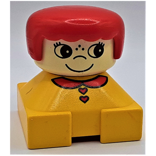 Duplo 2 × 2 × 2 Figure Brick, Rounded Bangs, White Head, Red Hair, Red Collar and Heart Buttons, Freckles Print Gelb