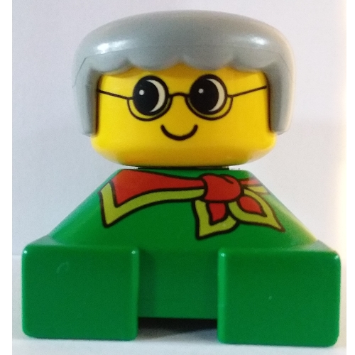 Duplo 2 × 2 × 2 Figurenstein, runder Pony, hellgraues Haar, Brille, roter Schal (bedruckt)