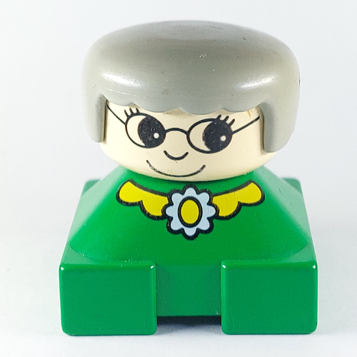 Duplo 2 × 2 × 2 Figure Brick, Rounded Bangs, White Head, Light Gray Hair, Yellow Collar and Flower Print Grün