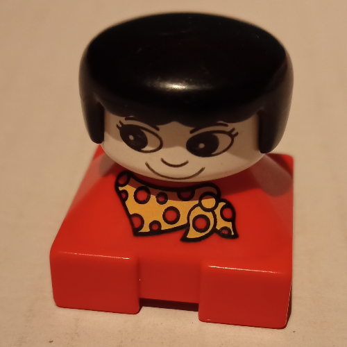 Duplo 2 × 2 × 2 Figure Brick, Rounded Bangs, White Head, Black Hair, Yellow and Red Spotted Scarf Print Red