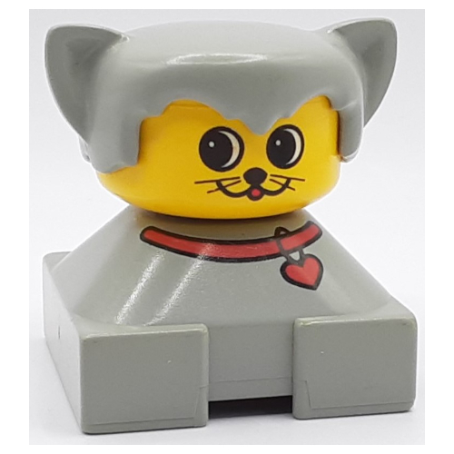Duplo 2 × 2 × 2 Figure Brick, Hair with Cat Ears Light Gray, Red Collar, Yellow Face with Round Eyes and 2 Whiskers Print Hellgrau