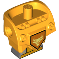 Minifig Torso Modified, Armor with Pin Holes with Dark Bluish Gray Midriff with Circuitry and Yellow Bull Head on Orange Shield Print Bright Light Orange