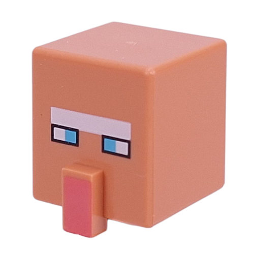 Minifig Head Special, Cube with Nose and Villager Face with Blue Eyes, White Eyebrows Print Nougat