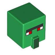 Minifig Head Special, Cube with Nose and Villager Face with Red Eyes Print Green