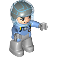 Duplo Figure with Helmet (Space), Light Bluish Gray Legs and Hands, Medium Blue Spacesuit with Badge, Light Nougat Face with Freckles Medium Blue