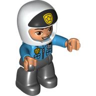 Duplo Figure with Helmet White with Black Front and Badge, Black Legs, Dark Azure Top with Badge and Radio Print (Police) Dark Azure