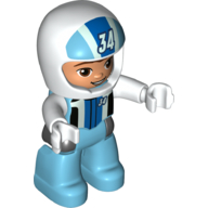 Duplo Figure with Helmet White with '34', Medium Azure Legs, Racing Jacket Print Medium Azure
