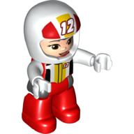 Duplo Figure with Helmet White with '12', Red Legs, Racing Jacket Print Rot