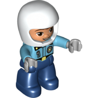 Duplo Figure with Helmet White, Dark Blue Legs, Police Shirt with Badge and Zipper, Nougat Face Print Medium Azure