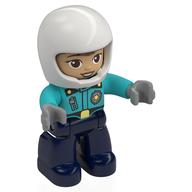 Duplo Figure with Helmet White, Dark Blue Legs, Police Shirt with Badge and Zipper, Warm Tan Face Print Mittelazur