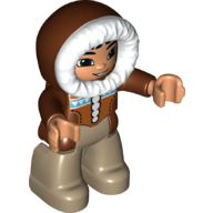 Duplo-Figur mit pelzgefütterter Kapuze - nougatfarbenes Gesicht und Hände - rotbraune Parka - dunkelbeige Beine