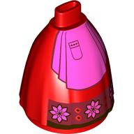 Minidoll Skirt Full, No Hips or Feet with Dark Pink Apron, Flowers on Dark Red Field print Red