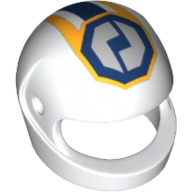 Helmet, Standard with GEAR Racing Team Logo in Dark Blue Octagon, and Layered Yellow, White, and Dark Blue Stripes Print White