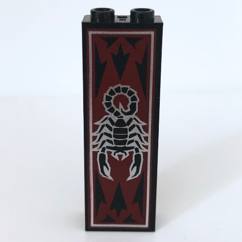 Brick 1 × 2 × 5 with Blocked Open Studs and Bottom Stud Holder with Scorpion and Dark Red Print Black