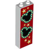 Brick 1 × 2 × 5 with Hollow Studs with Black Hidden Mickeys, Dark Turquoise Border, Stars and Red Background Print White