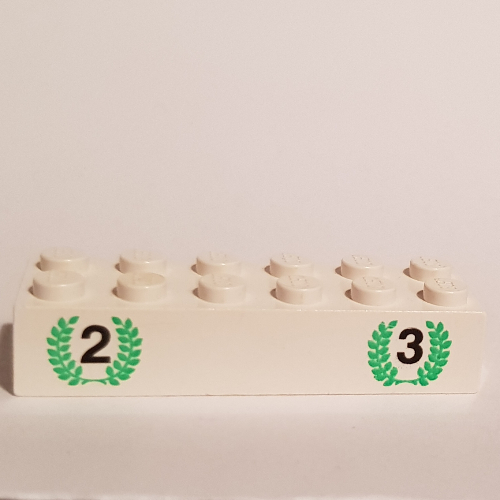 Brick 2 × 6 with '2' and '3' in Green Laurels Print White