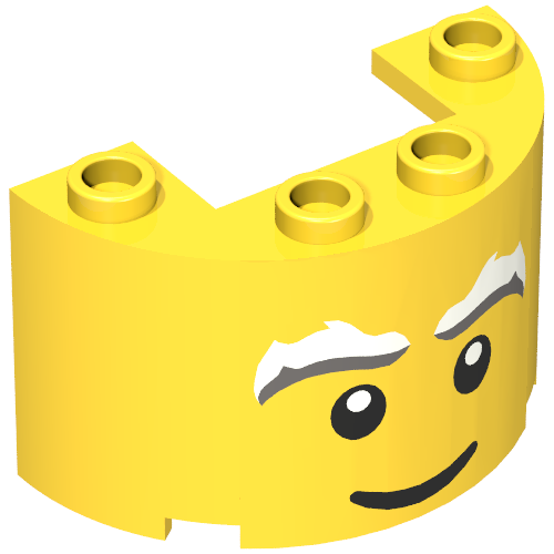 Cylinder Half 2 × 4 × 2 with 1 × 2 Cutout with Classic Smiling Face, White/Grey Eyebrows print Yellow