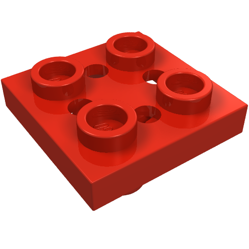 Plate Special 2 × 2 with Pin on Bottom, Small Holes in Plate and Rotational Locking Fingers on Underside Red