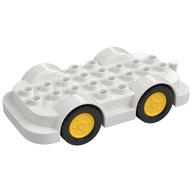 Duplo Car Base 4 × 8 with Four Black Wheels and Yellow Hubs White