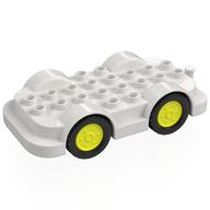 Duplo Car Base 4 × 8 with Four Black Wheels and Vibrant Yellow Hubs White