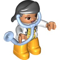Duplo Figure with Hair Swept Right Black, Bright Light Orange Legs, White Top with ID Badge, White Arms, Attached Stethoscope (Medic) Weiß