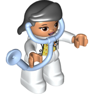 Duplo Figure with Hair Swept Right Black, White Legs, White Top with ID Badge, White Arms, Attached Stethoscope (Medic) Weiß