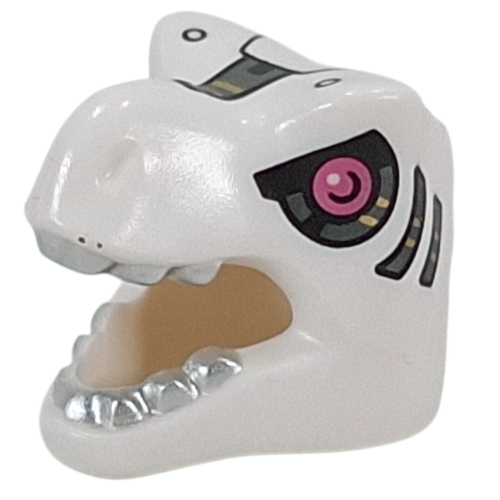 Mask, T-Rex with Silver Teeth, Mechanical Eye, Metal Pink Iris print Weiß