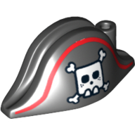 Hat Pirate Bicorne with Large Square Skull and Crossbones and Red Line Print Black