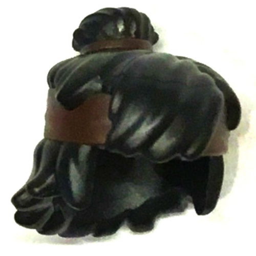 Hair Mid-Length Tousled, Top Knot Bun with Dark Brown Band and Headband Black