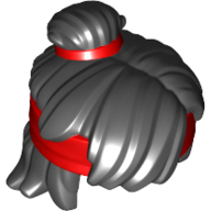 Hair Mid-Length Tousled, Top Knot Bun with Red Band and Headband Schwarz