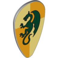 Schild oval mit dunkelgrünem Drachen auf hellgelb und ockerfarbenem Hintergrund in Vierteln (bedruckt) in Hellblaugrau